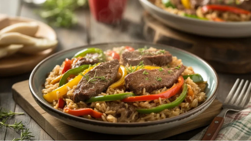 Quick beef pepper rice recipe easy with tender slices of beef and steamed rice