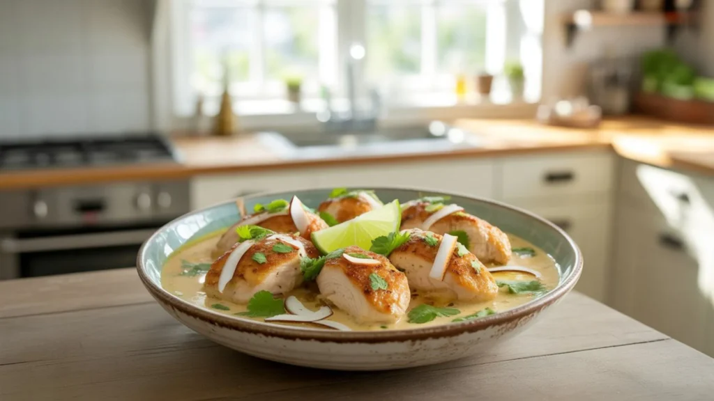 Skillet of Coconut Lime Chicken with golden seared pieces and tropical flavors