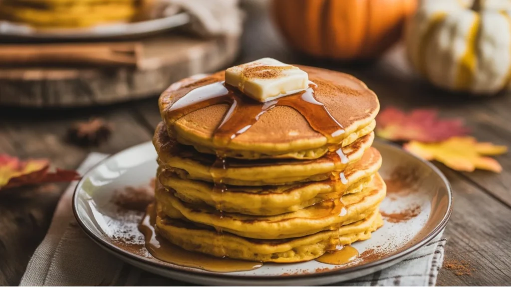 Stack of fluffy pumpkin pancakes with maple syrup and butter, perfect cozy fall breakfast recipe.