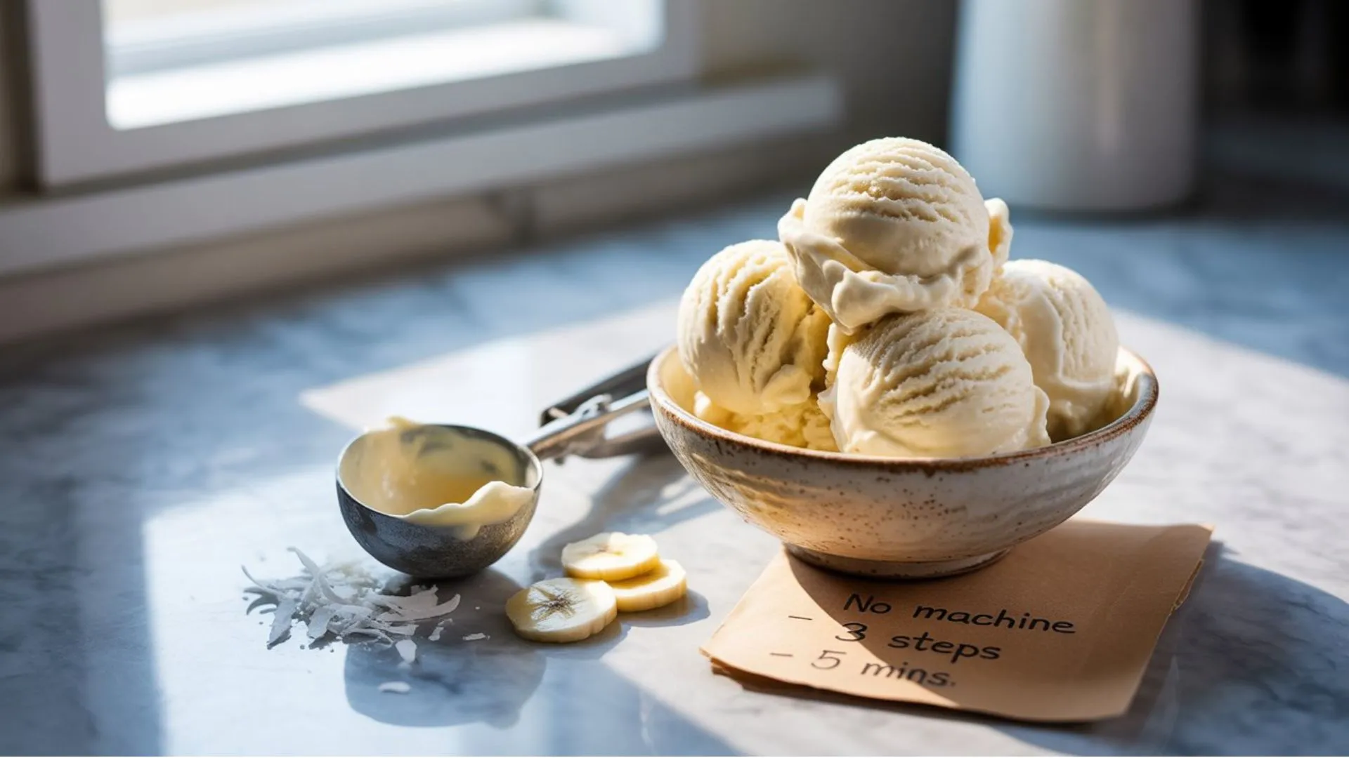 Step-by-step process of blending bananas and yogurt to show How To Make Healthy Ice Cream Without A Machine easily at home.