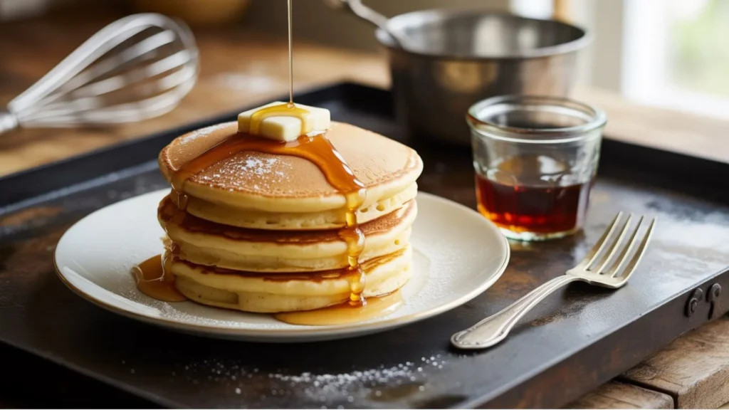 Blackstone Pancakes From Scratch made in just 10 minutes – fluffy golden pancakes sizzling on the griddle for a quick homemade breakfast.