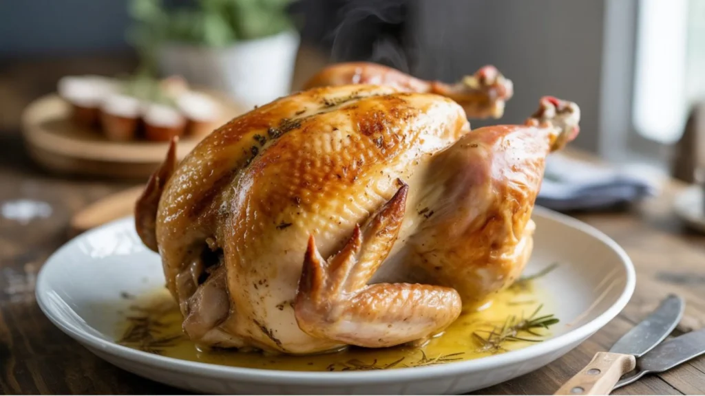 Delicious Rotisserie Chicken Recipe served with fresh herbs and easy comfort food sides