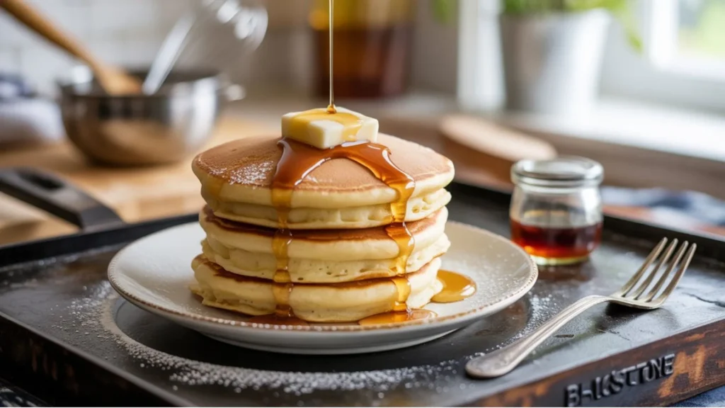 Easy 10-minute method for Blackstone Pancakes From Scratch, stacked high and ready to serve as a perfect family brunch.