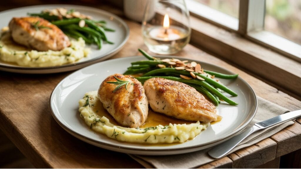 Easy Chicken Recipes For Two plated with pan‑seared chicken breasts, tomatoes, and a sprinkle of parsley for a simple dinner.