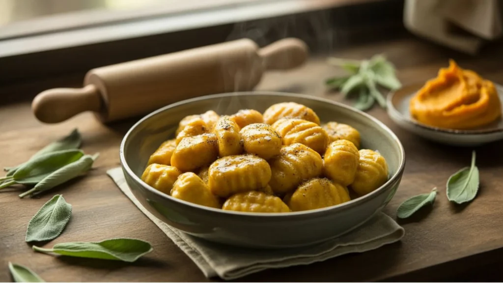 Easy gluten-free pumpkin gnocchi recipe showing step-by-step preparation with mashed pumpkin and gluten-free flour.