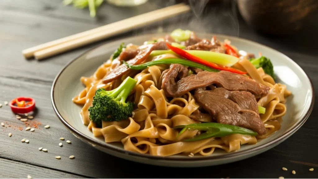 Easy weeknight Chow Fun Beef Recipe with wide rice noodles, oyster sauce, garlic, and crisp bean sprouts for a classic Cantonese dish.