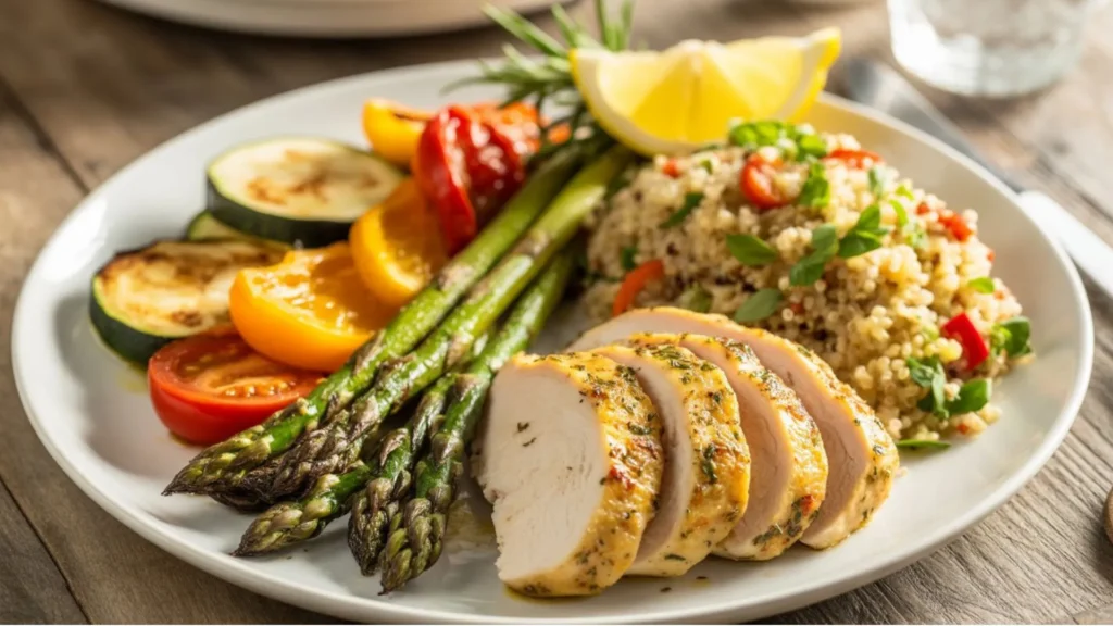 Gluten Free Dairy Free Dinner Recipes baked salmon and roasted vegetables on a sheet pan.