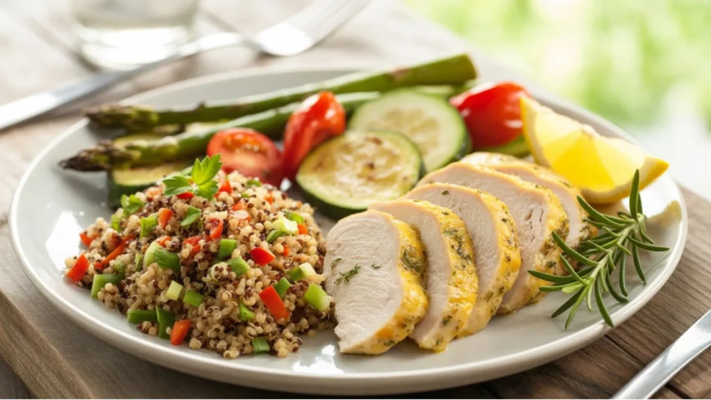 Gluten Free Dairy Free Dinner Recipes colorful veggie stir-fry with chicken over rice.