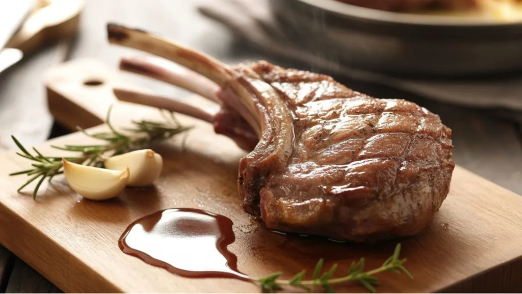 Grilled lamb shoulder chop with charred edges, topped with fresh herbs and lemon wedge on a white ceramic plate