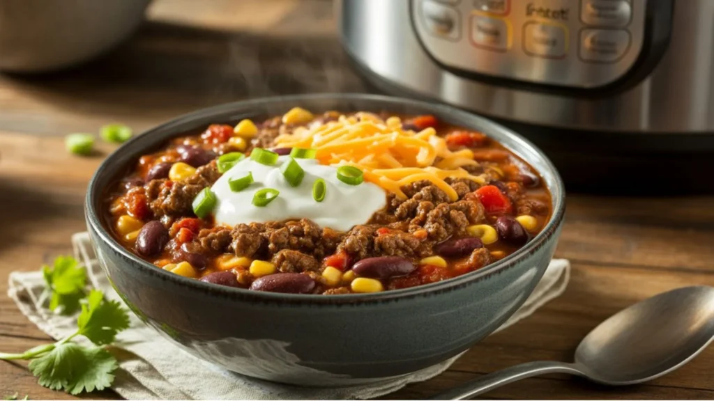 Ground Beef Instant Pot Recipes plated with rice, juicy ground beef, tomato sauce, and fresh parsley garnish in a shallow dish