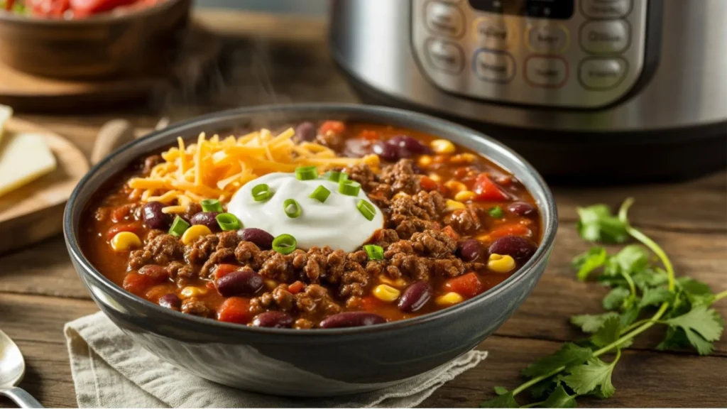 Ground Beef Instant Pot Recipes served as saucy beef over pasta shells with parsley in a white bowl on a wooden table
