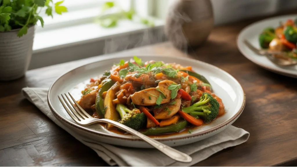 Healthy dinner ideas featuring salmon fillet, lemon slices, asparagus spears, and wild rice on a white plate.