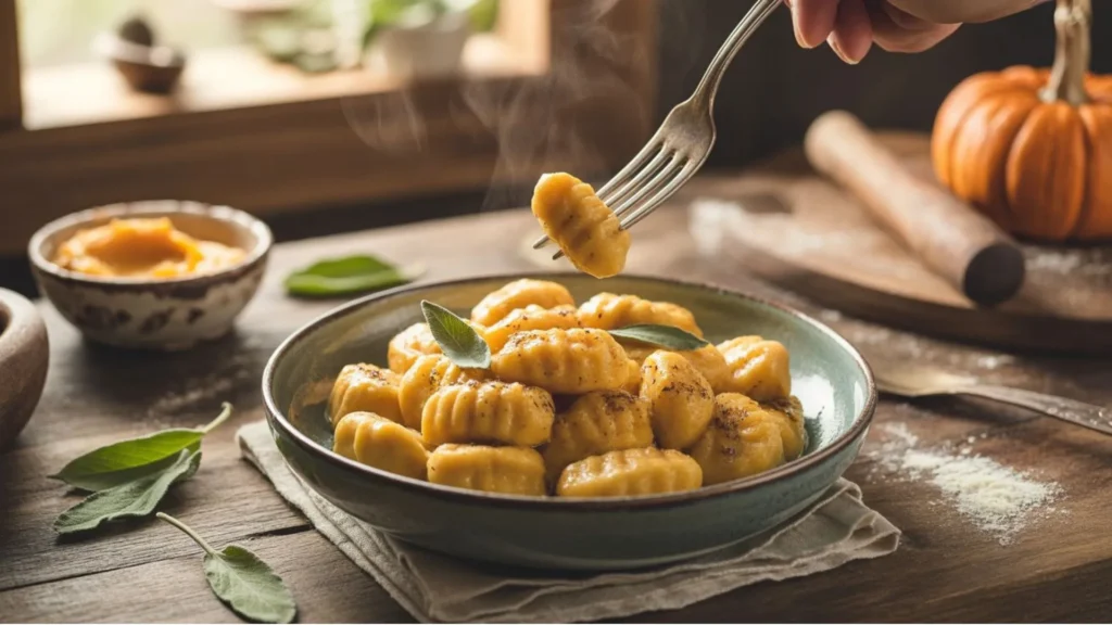 Homemade gluten-free pumpkin gnocchi recipe served with creamy sage butter sauce on a rustic plate.