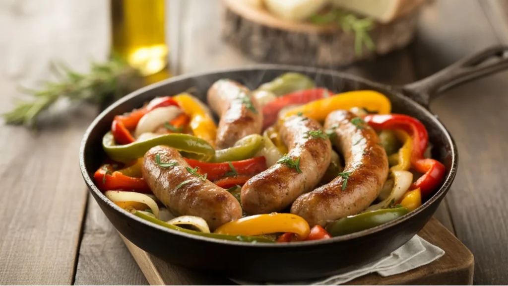 Italian Chicken Sausage Recipes plated with sautéed peppers, onions, and penne, garnished with basil and grated parmesan for a cozy weeknight dinner.