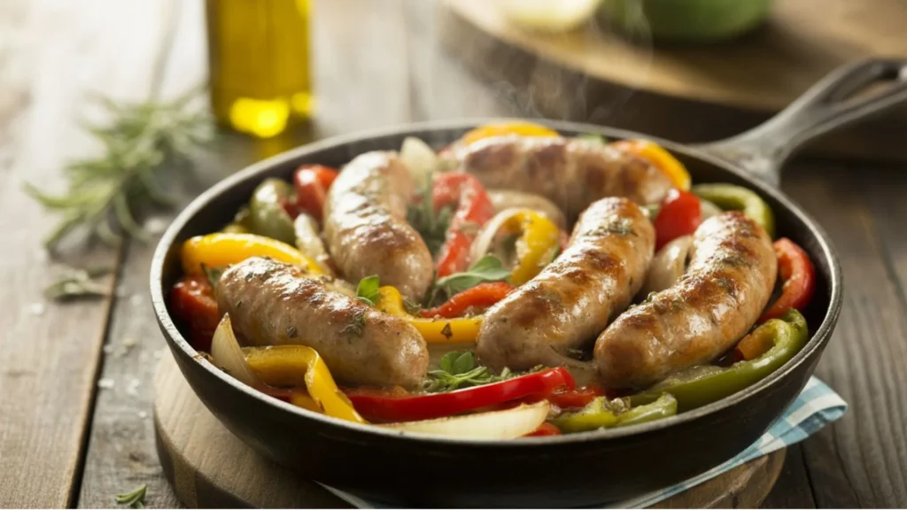 Italian Chicken Sausage Recipes shown in a sizzling skillet with bell peppers, zucchini, and tomato sauce, finished with olive oil and herbs.
