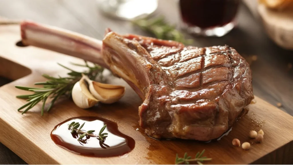 Juicy lamb shoulder chop plated with roasted potatoes and green beans, finished with rosemary butter and flaky salt