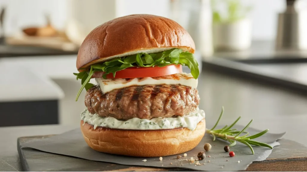 Lamb Burger Recipe close-up seared lamb patty stacked with fresh greens and creamy yogurt sauce on a sesame bun, easy gourmet BBQ