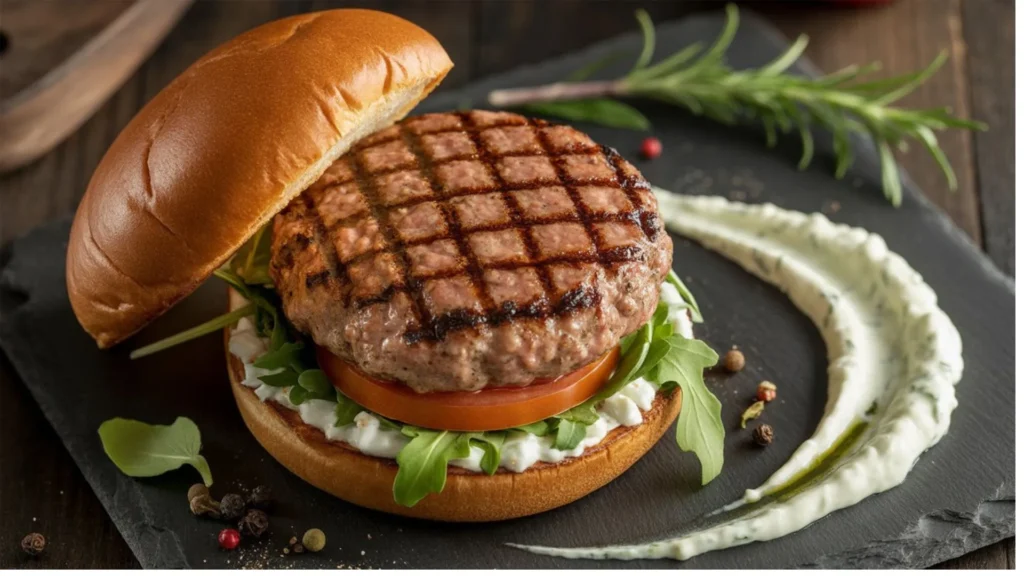 Lamb Burger Recipe with juicy grilled patties on toasted buns, topped with lettuce, tomato, and tzatziki for a Mediterranean-style dinner