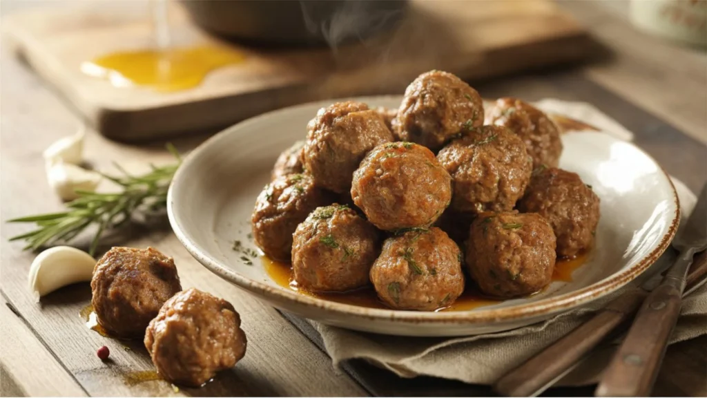 Lamb Meatballs Recipe close-up seared meatballs in a skillet with garlic, mint, and parsley, drizzled with olive oil and sprinkled with flaky salt