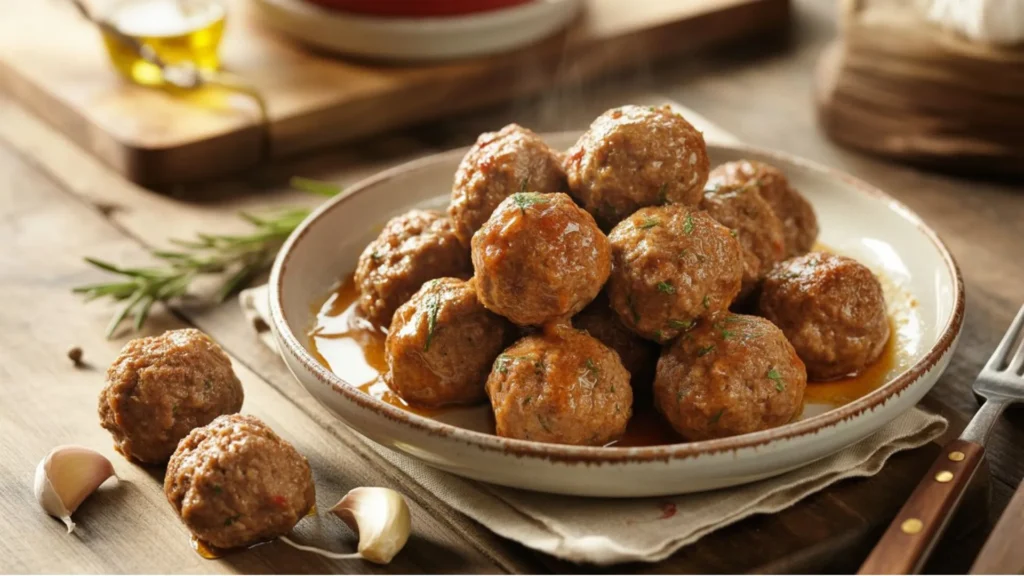 Lamb Meatballs Recipe sheet pan straight from the oven, browned meatballs on parchment with rosemary sprigs and a small bowl of tzatziki
