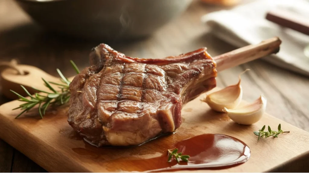 Lamb shoulder chop seared in cast-iron with garlic, rosemary, and lemon, resting on a wooden board with herb garnish