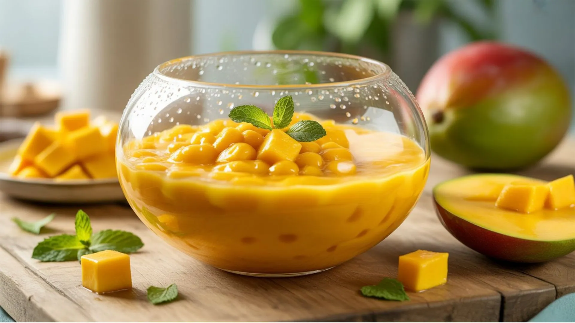 Mango Sago Recipe in a glass bowl with tapioca pearls, diced mango, and creamy coconut milk topped with mint