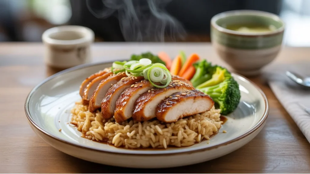 Overhead shot of Japanese Mounjaro Recipe meal prep with measured ingredients and final 4-serving dish for accessible, healthy weeknight cooking