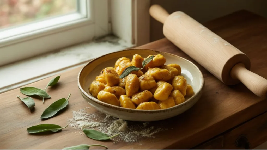 Soft and golden gluten-free pumpkin gnocchi recipe topped with parmesan and fresh herbs — perfect fall comfort food.