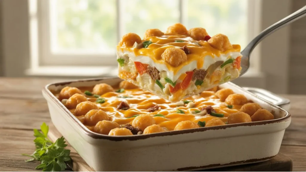 Tater Tot Breakfast Casserole Recipe close-up showing crispy tots over fluffy baked eggs with cheese pull on a spatula lift.