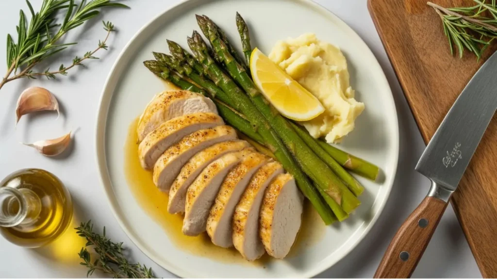 Thin Sliced Chicken Breast Recipes sliced chicken breast on a cutting board with herbs garlic and lemon wedges