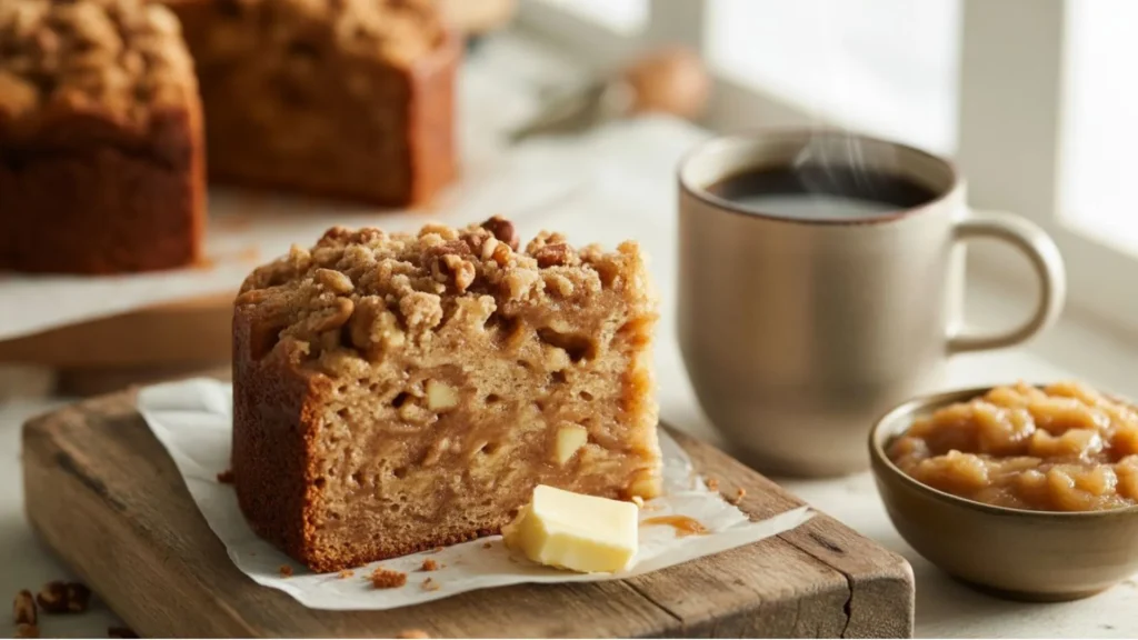 Applesauce Coffee Cake Recipe in a 9×13 pan, freshly baked with visible streusel layers.