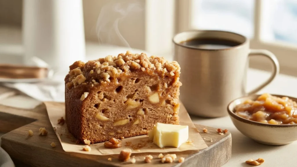 Applesauce Coffee Cake Recipe showing a moist, tender crumb and golden cinnamon topping.