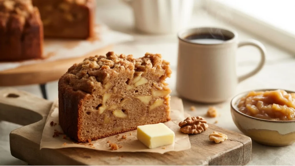 Applesauce Coffee Cake Recipe with cinnamon streusel crumb, sliced and ready for brunch.