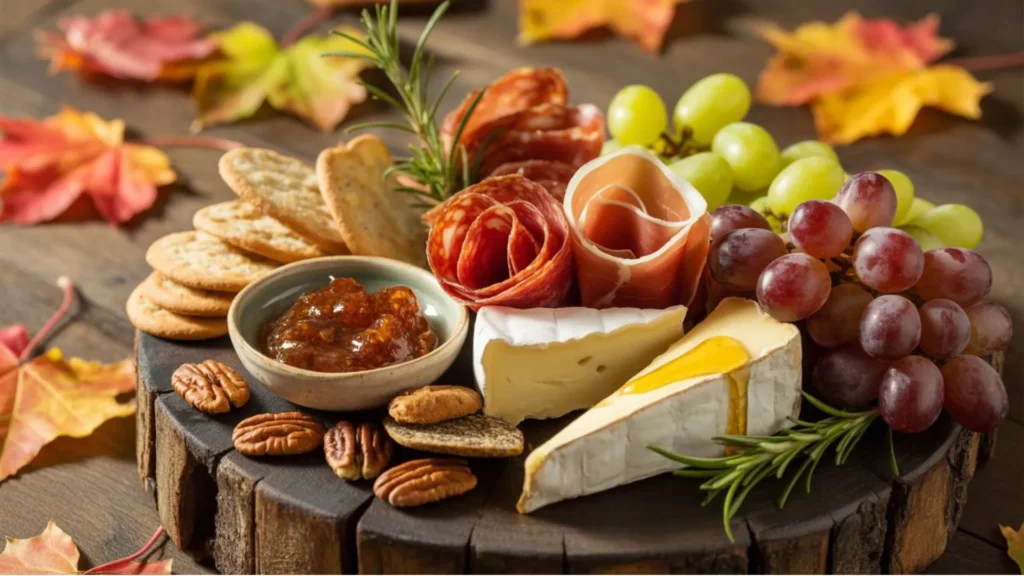 Assorted fall appetizer ideas including pumpkin bites, cranberry brie tarts, and roasted squash crostini on a rustic Thanksgiving table.