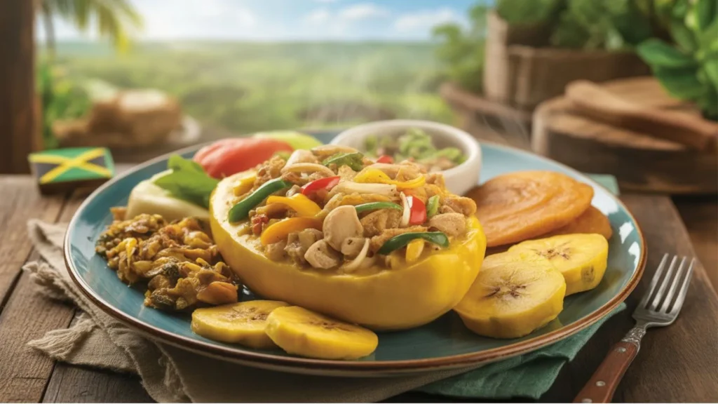 Breakfast Recipes Jamaican ackee and saltfish with fried plantain and dumplings on a sunny kitchen table
