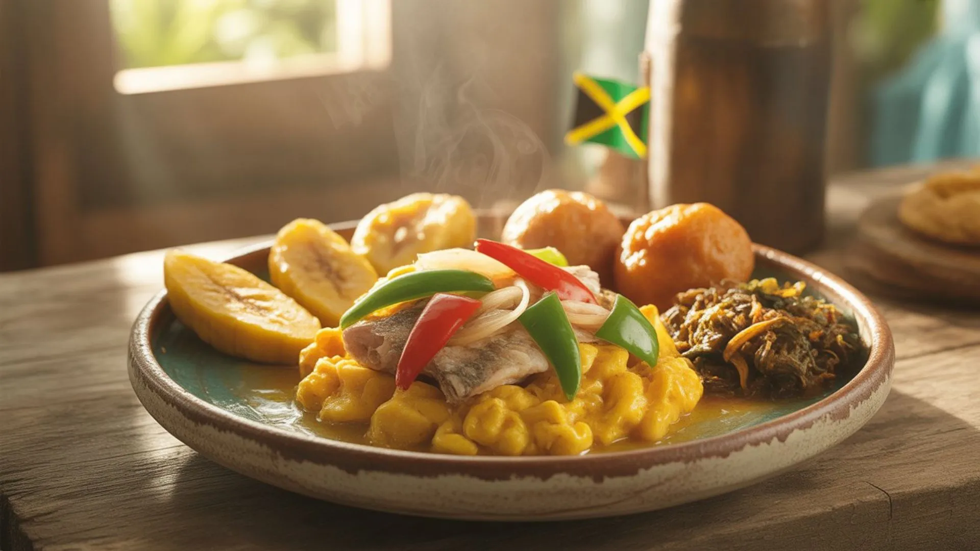 Breakfast Recipes Jamaican close-up with ackee, flaky saltfish, thyme, and Scotch bonnet, styled for morning.