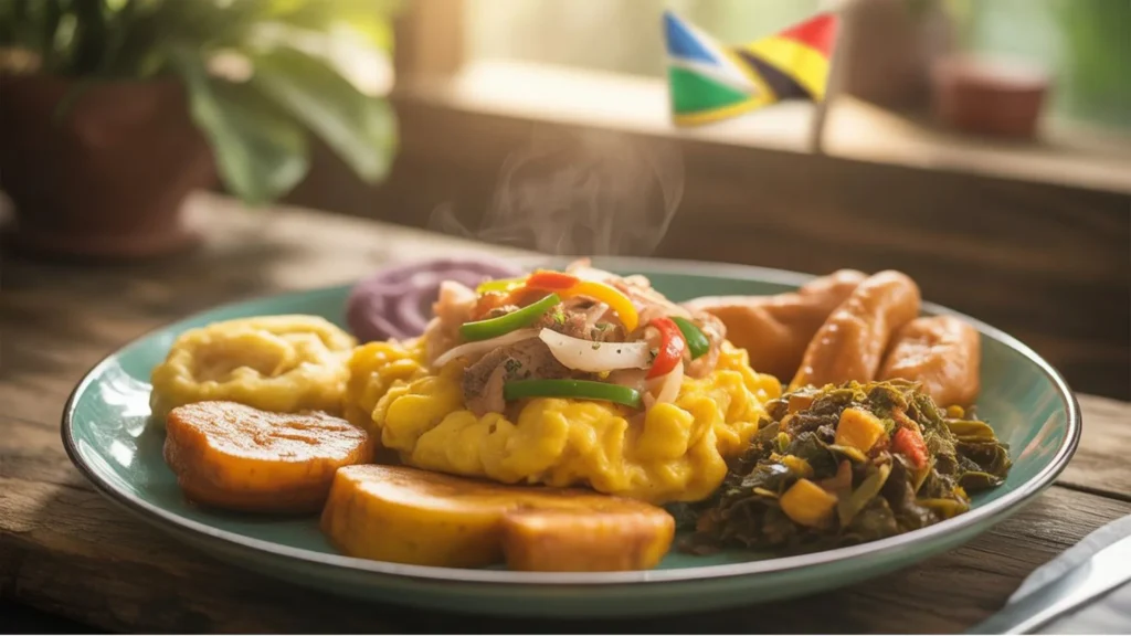 Breakfast Recipes Jamaican plate featuring ackee, saltfish, sautéed peppers, and golden fried dumplings, overhead view.