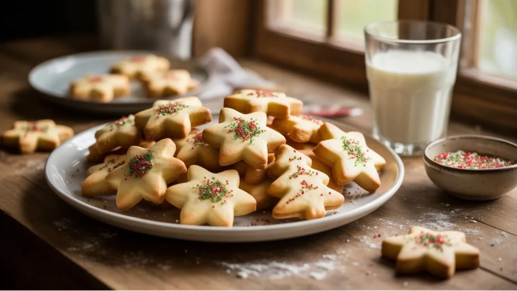 Christmas Butter Cookies Recipe featuring festive star and tree-shaped cookies dusted with powdered sugar on a wooden table.