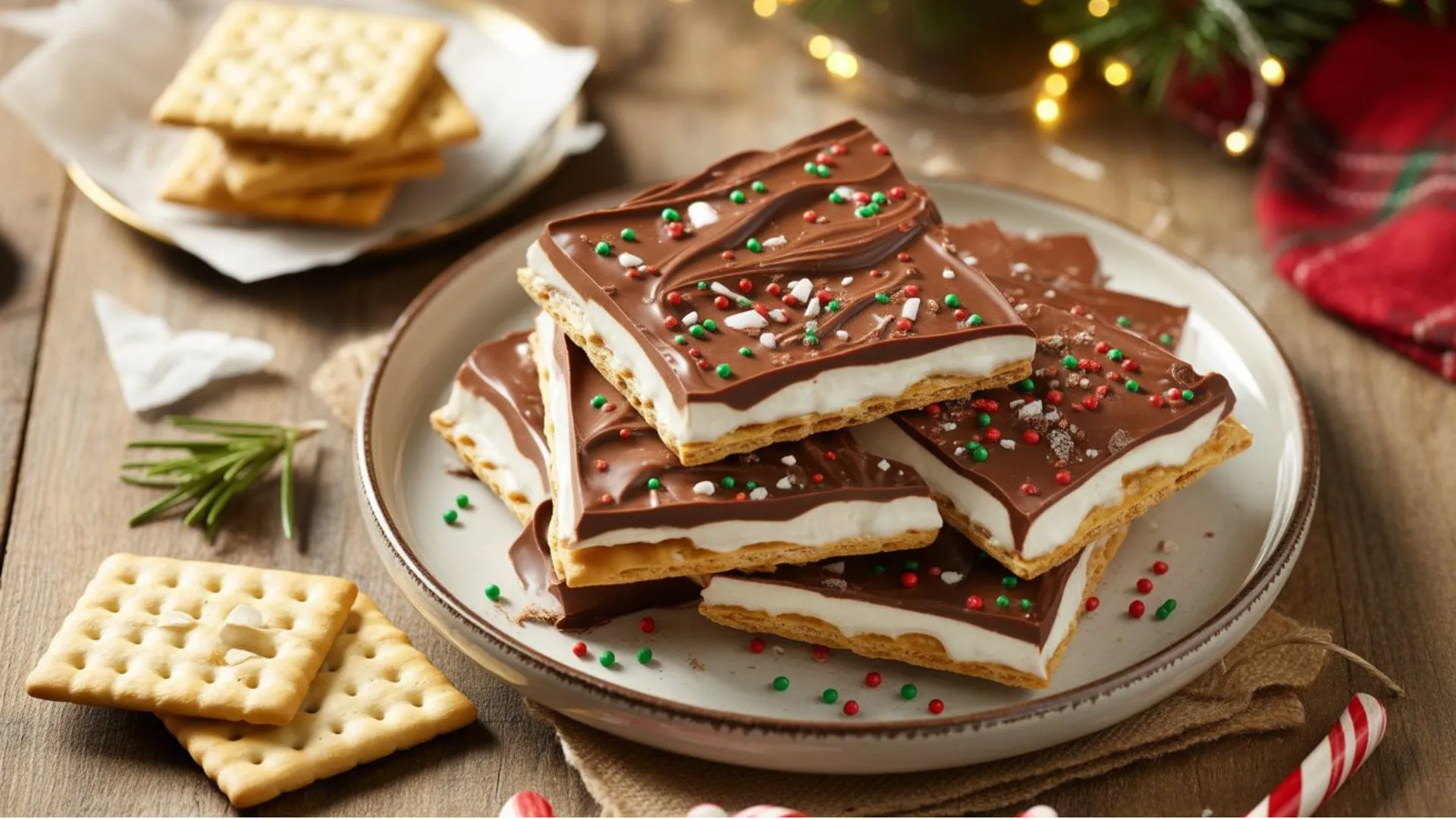 Christmas Crack Recipe WW2 dessert made with saltine crackers, buttery toffee, and melted chocolate, displayed on a vintage holiday plate.