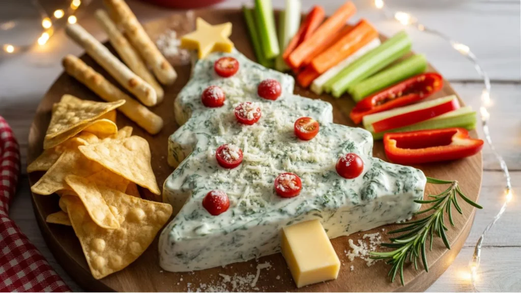 Christmas Tree Dip Recipe appetizer made with cream cheese, herbs, and veggies arranged in a tree shape for a holiday party table.