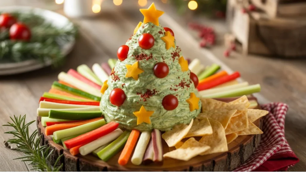 Christmas Tree Dip Recipe creamy holiday cheese dip shaped like a festive tree with colorful toppings and crackers on a wooden platter.