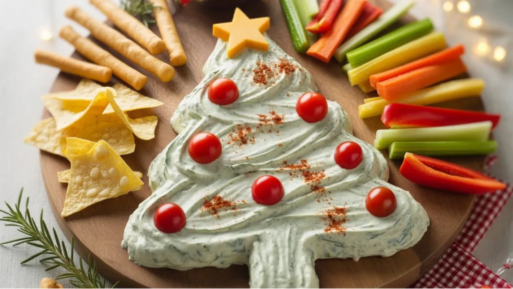 Christmas Tree Dip Recipe festive party dip decorated with red peppers, spinach, and a yellow star, served with chips and bread slices.