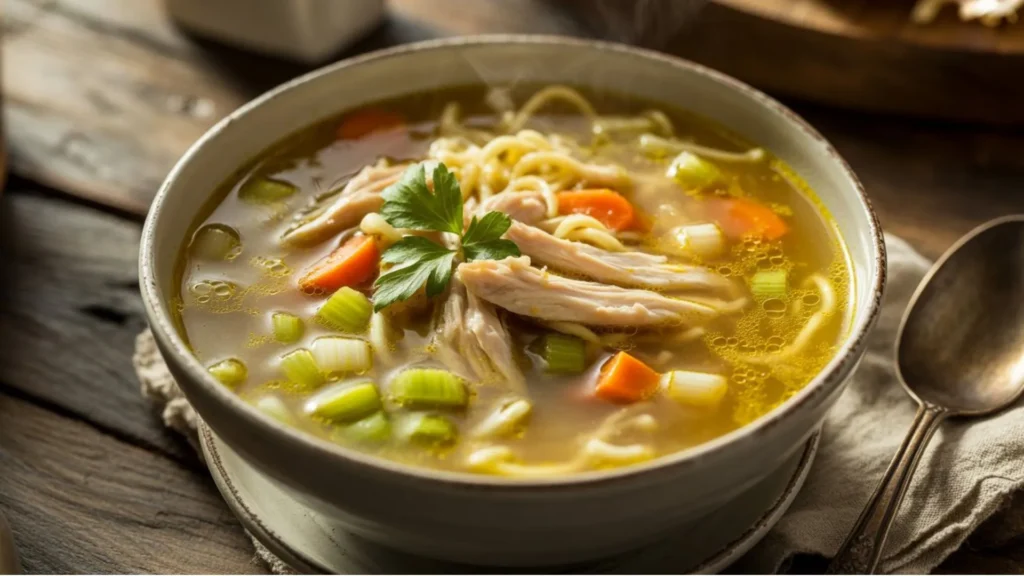 Classic chicken noodle soup topped with fresh herbs and crispy croutons, steaming on a wooden table.