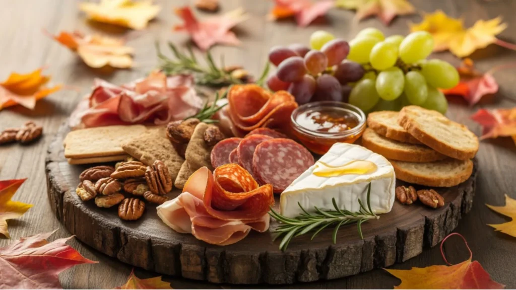 Colorful fall appetizer ideas displayed on wooden board with seasonal ingredients like apples, cranberries, and thyme for Thanksgiving entertaining