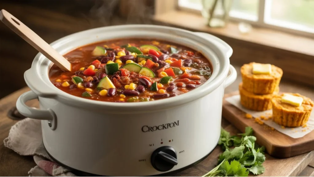 Colorful vegetarian crockpot recipes with fresh vegetables, lentils, and slow-cooked comfort food ready for dinner.