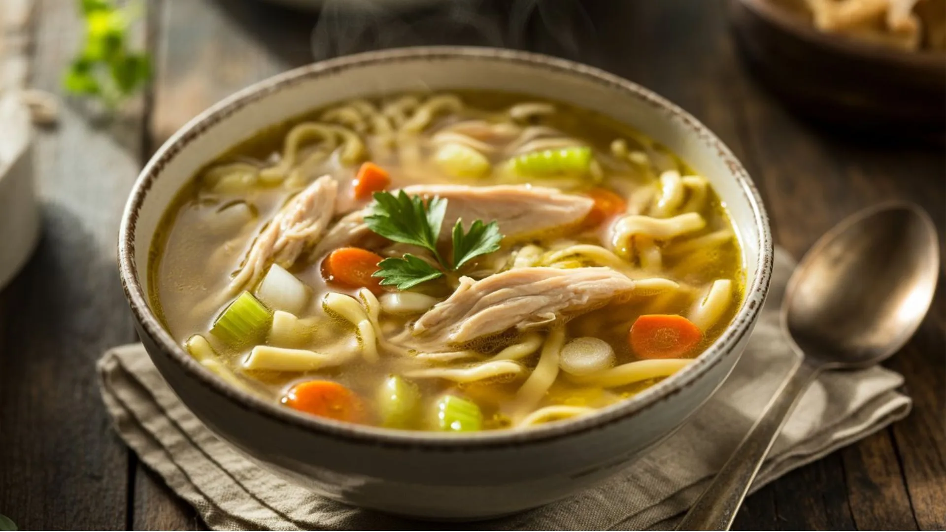 Comforting bowl of chicken noodle soup with rich golden broth and spoon ready to serve.