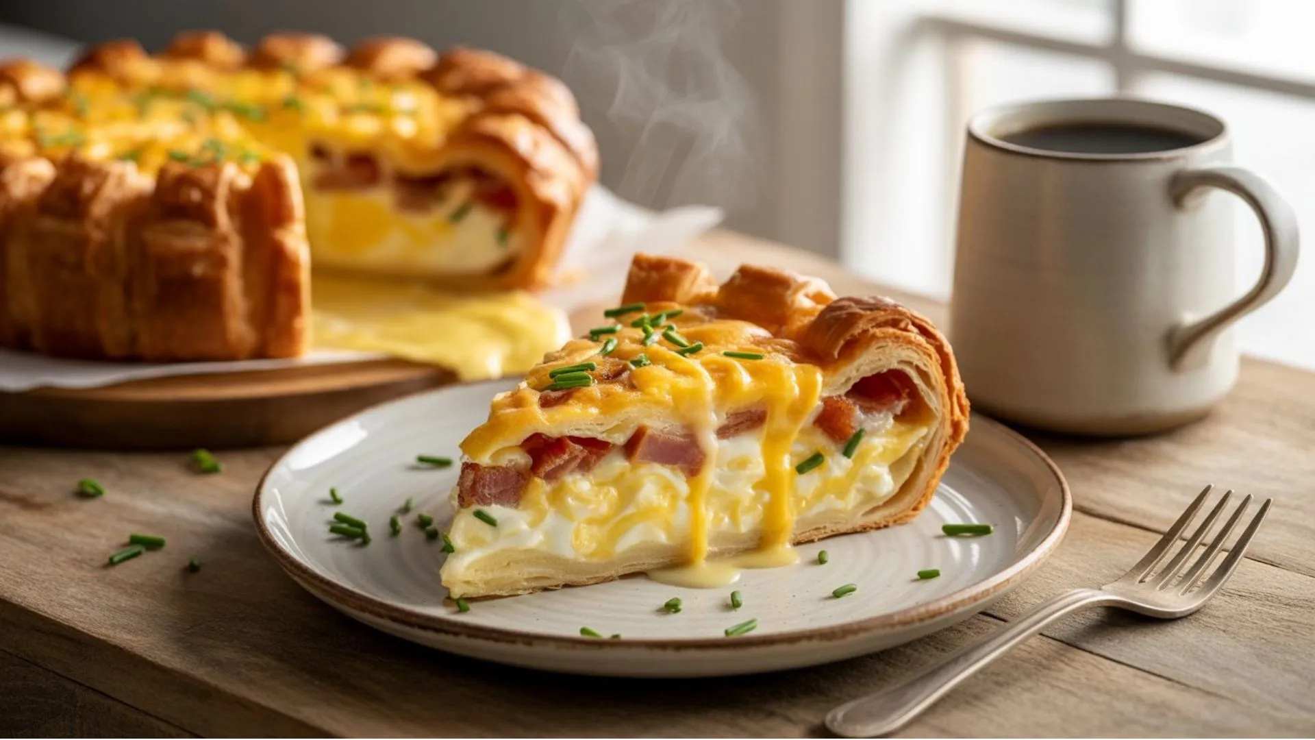 Croissant Breakfast Pie Recipe with flaky croissants, eggs, bacon, and melted cheese baked in a golden brunch casserole dish