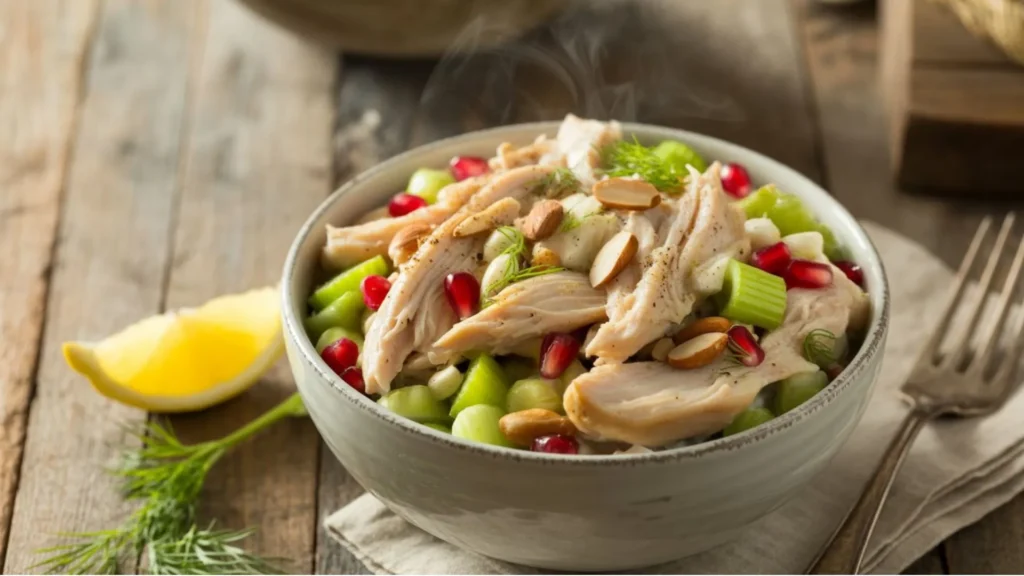 Delicious Hot Chicken Salad Recipe with shredded chicken and crisp greens