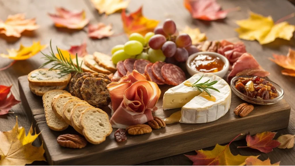 Easy fall appetizer ideas with mini pumpkin pies, bacon-wrapped apples, and sweet potato fries arranged for a cozy holiday gathering.