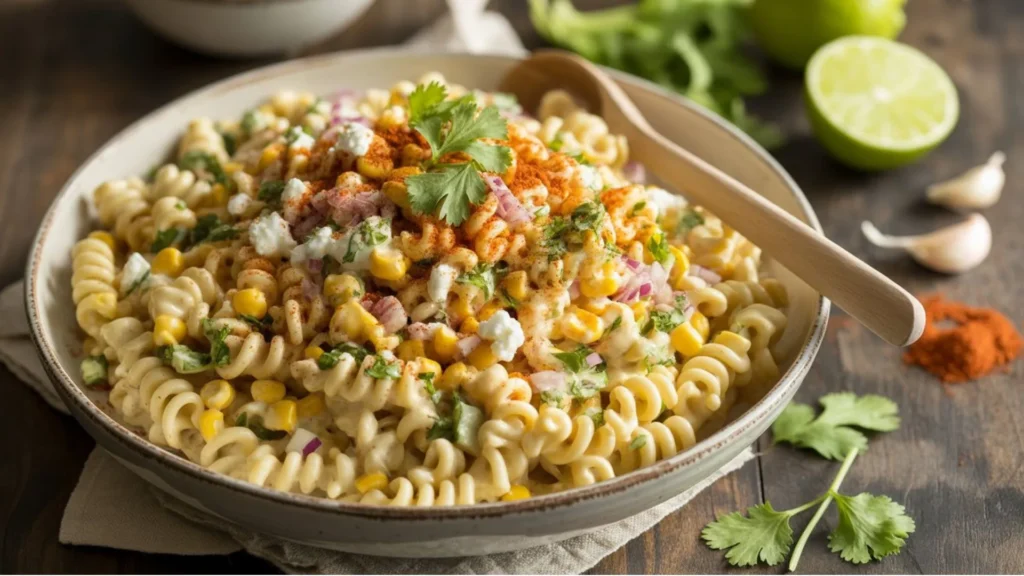 Elote Pasta Salad Recipe close-up with creamy chili-lime dressing and grilled corn